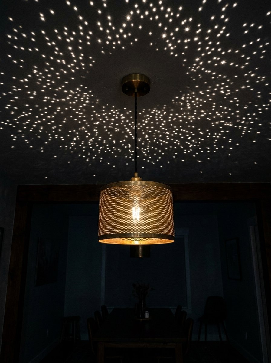 Brass mesh lamp shade casting a sparkling starburst pattern onto the dark ceiling above.