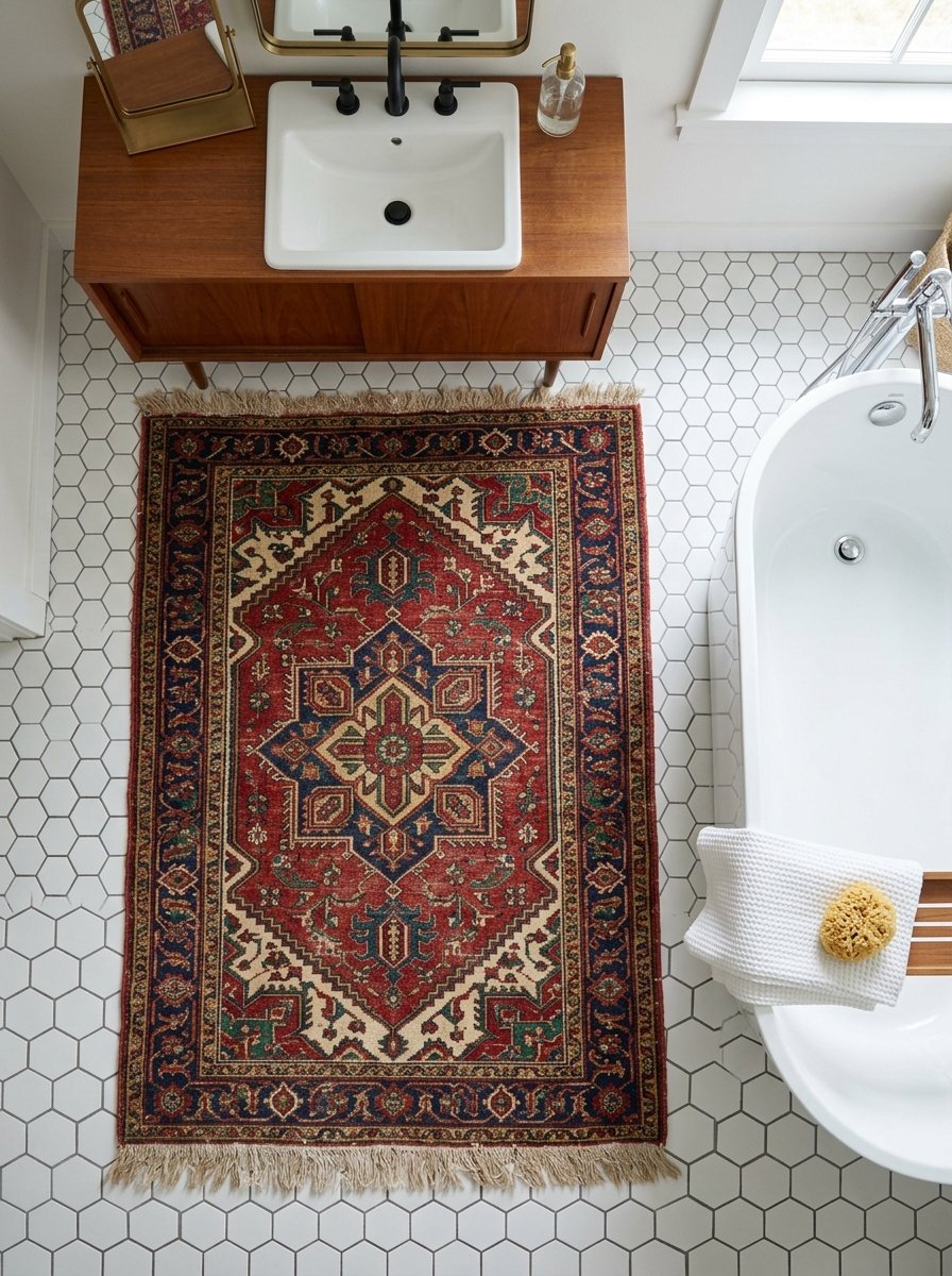 Overhead view of a red and blue vintage-style rug placed on a white honeycomb tile floor next to a white bathtub.