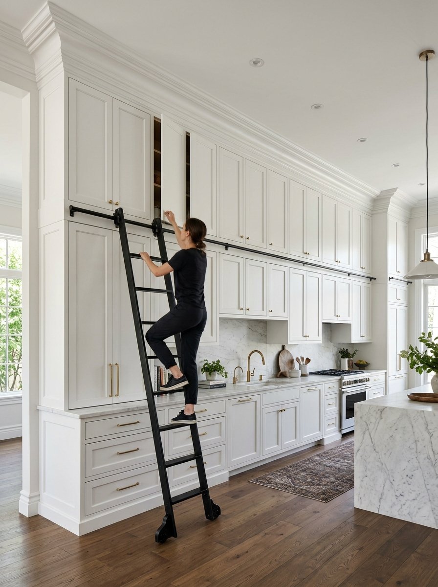 A woman in black clothes climbs a rolling black library-style ladder to reach items in tall white kitchen cupboards.
