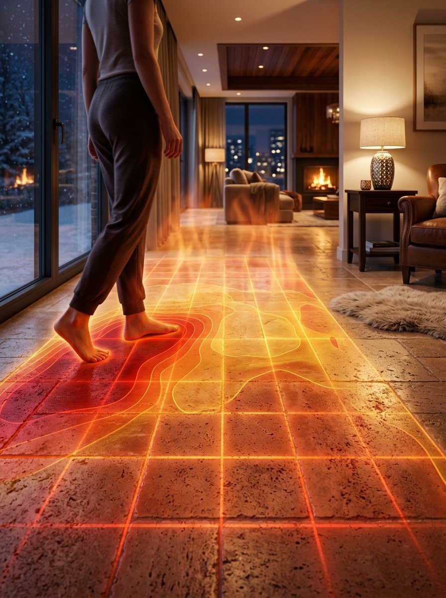 Barefoot person walking on a tiled floor with a glowing heat map overlay showing thermal radiation.