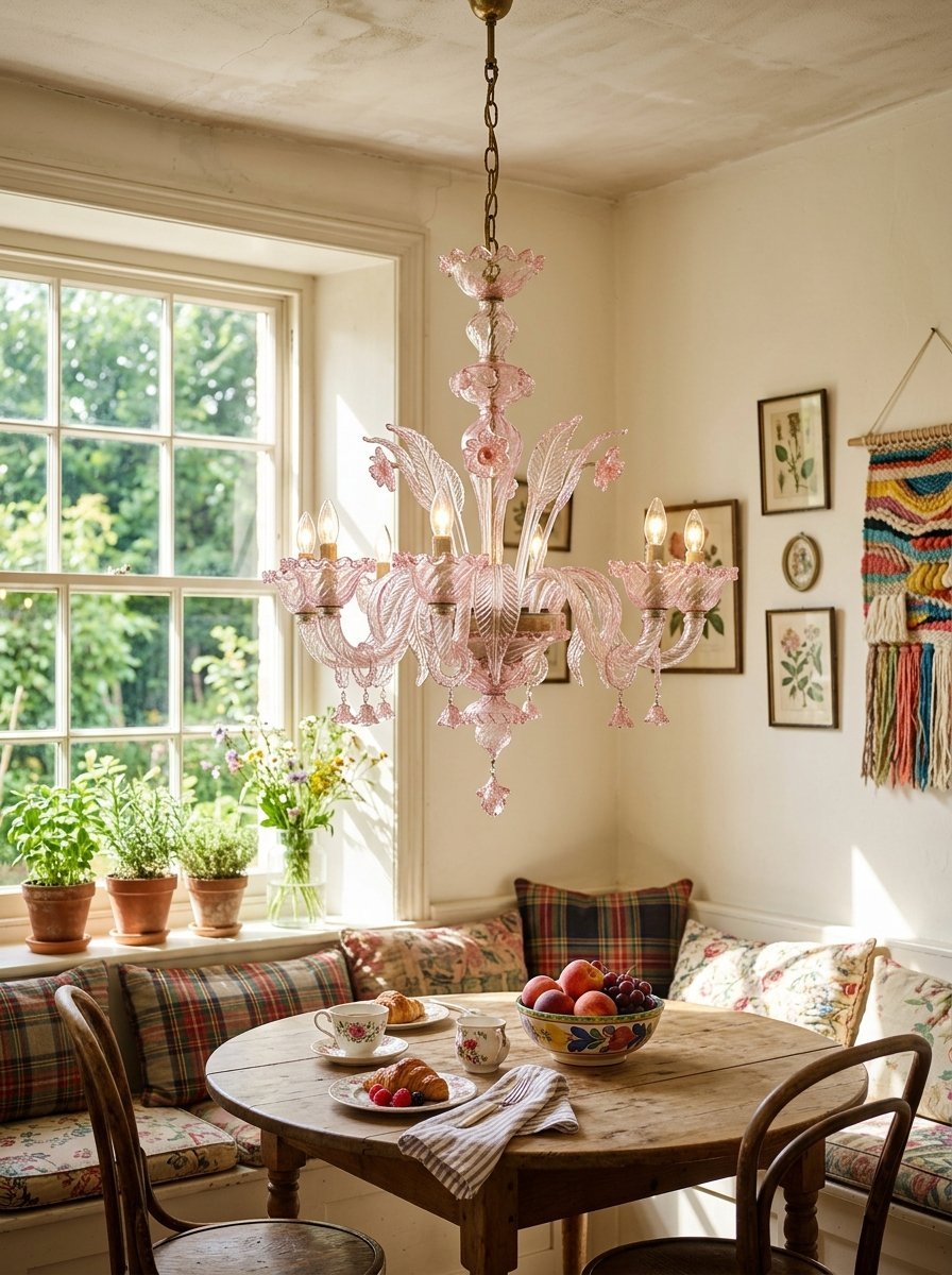 Decorative pink Venetian-style chandelier illuminating a rustic wooden kitchen table with fruit and pastries.