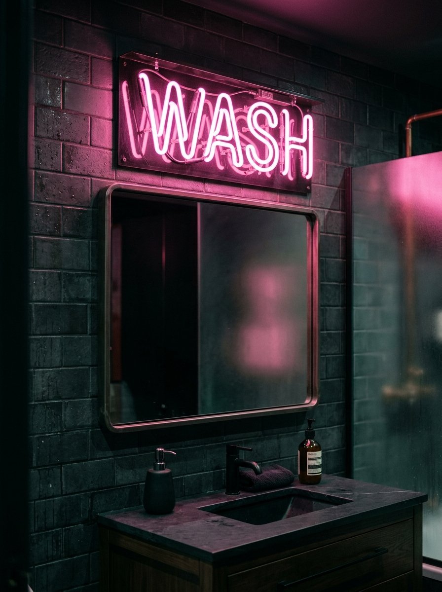 Pink neon sign reading WASH mounted on a dark tiled wall above a bathroom vanity mirror.