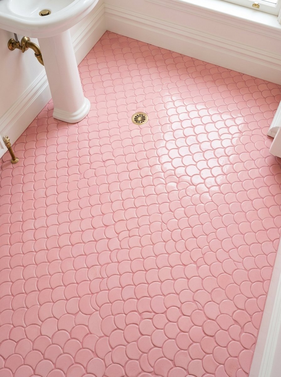 Close up overhead view of a floor covered in blush pink scalloped fish scale tiles with a brass drain cover.