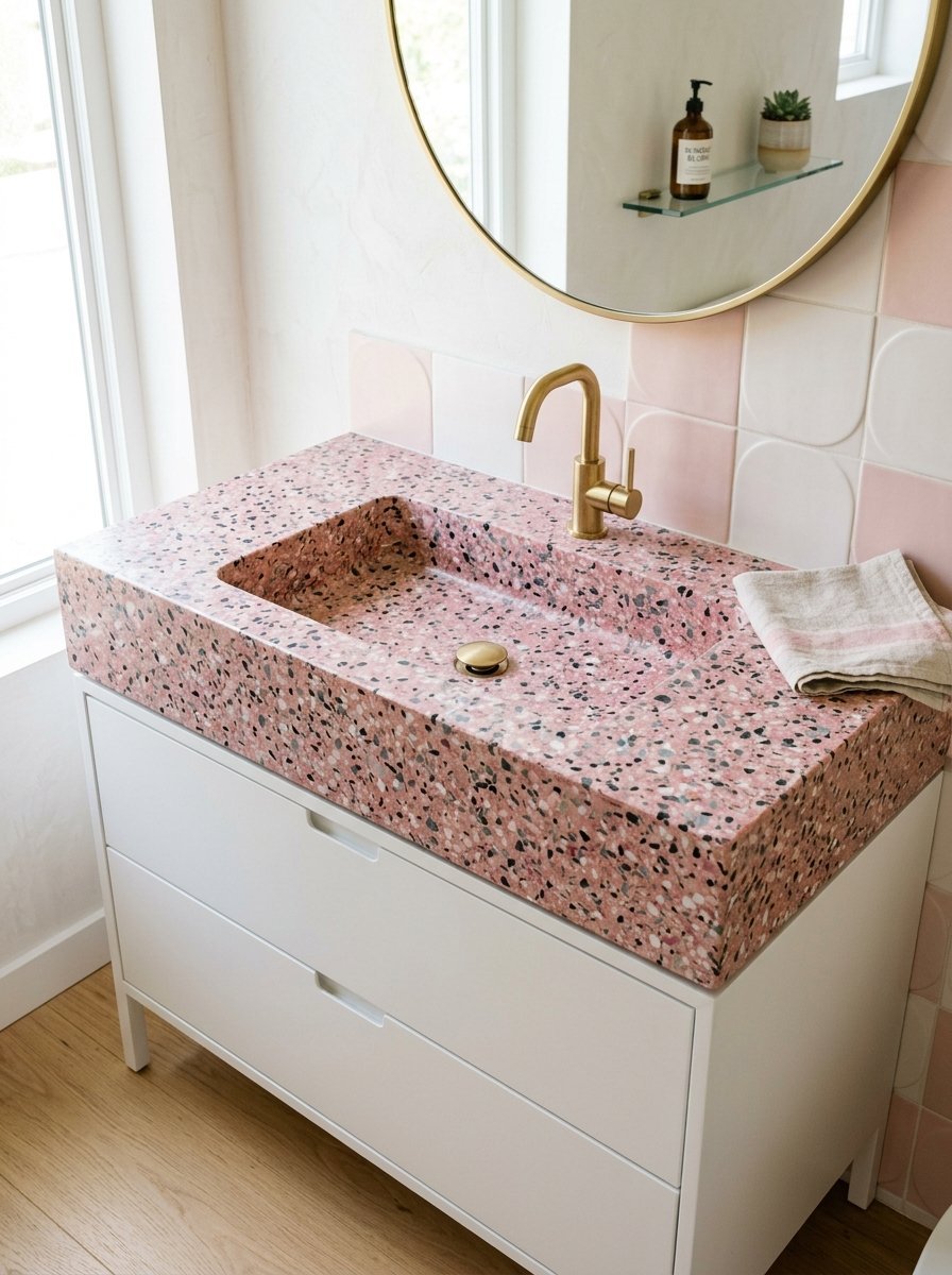 Pink terrazzo integrated sink atop a white two-drawer vanity cabinet in a bathroom with blush tile backsplash.