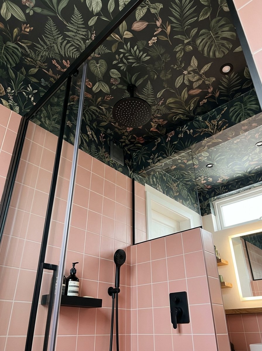 A contemporary shower featuring soft pink square tiles, a bold botanical ceiling, and black matte fixtures.