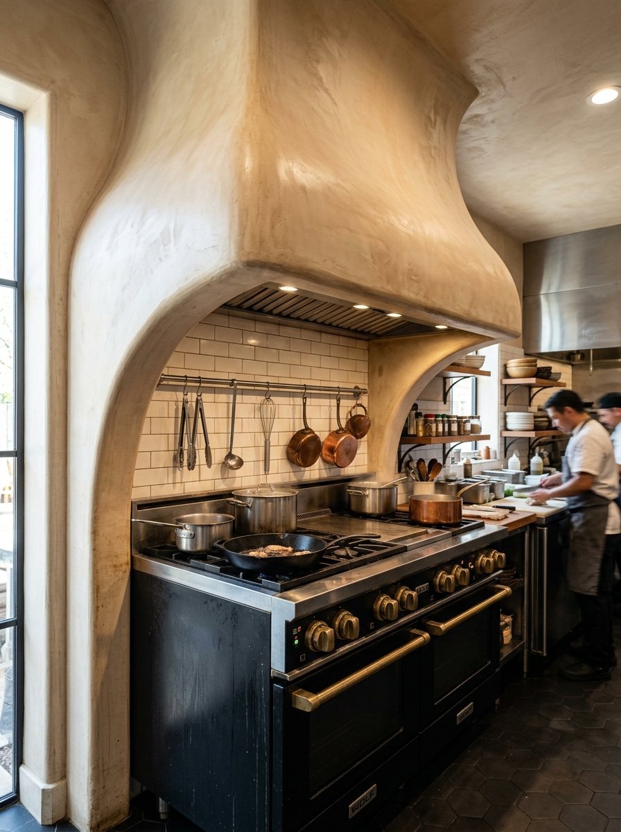 Commercial Wolf range under a large custom plaster range hood in a busy restaurant kitchen.