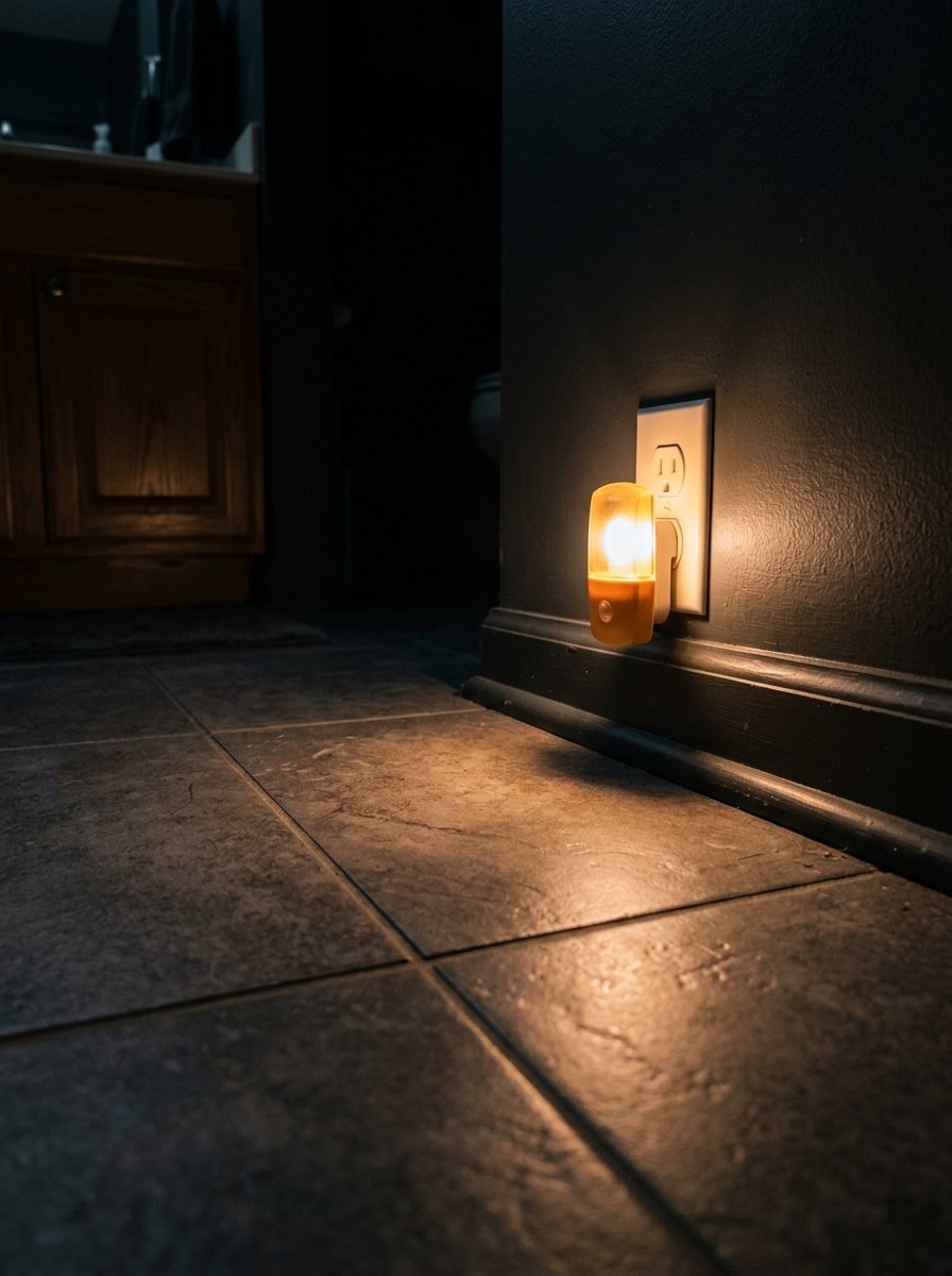 Small amber LED nightlight plugged into a wall outlet, casting light across dark slate floor tiles.