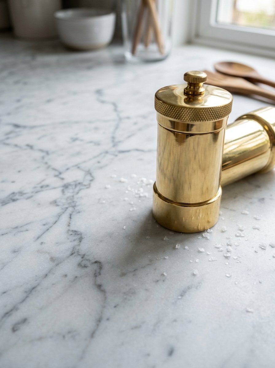 Two metallic gold salt and pepper shakers resting on a white marble surface with scattered salt grains.