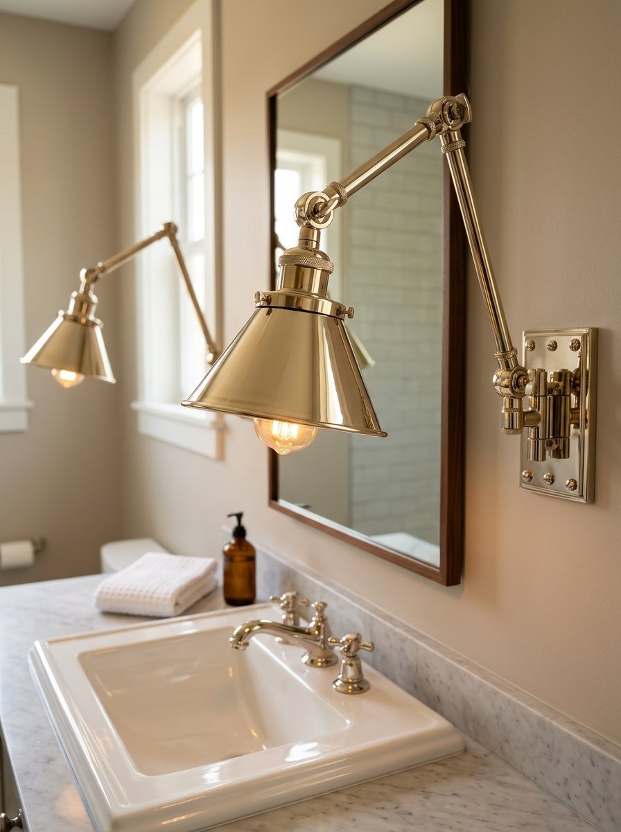 Two shiny metal swing arm light fixtures mounted on a wall above a white sink and marble vanity.