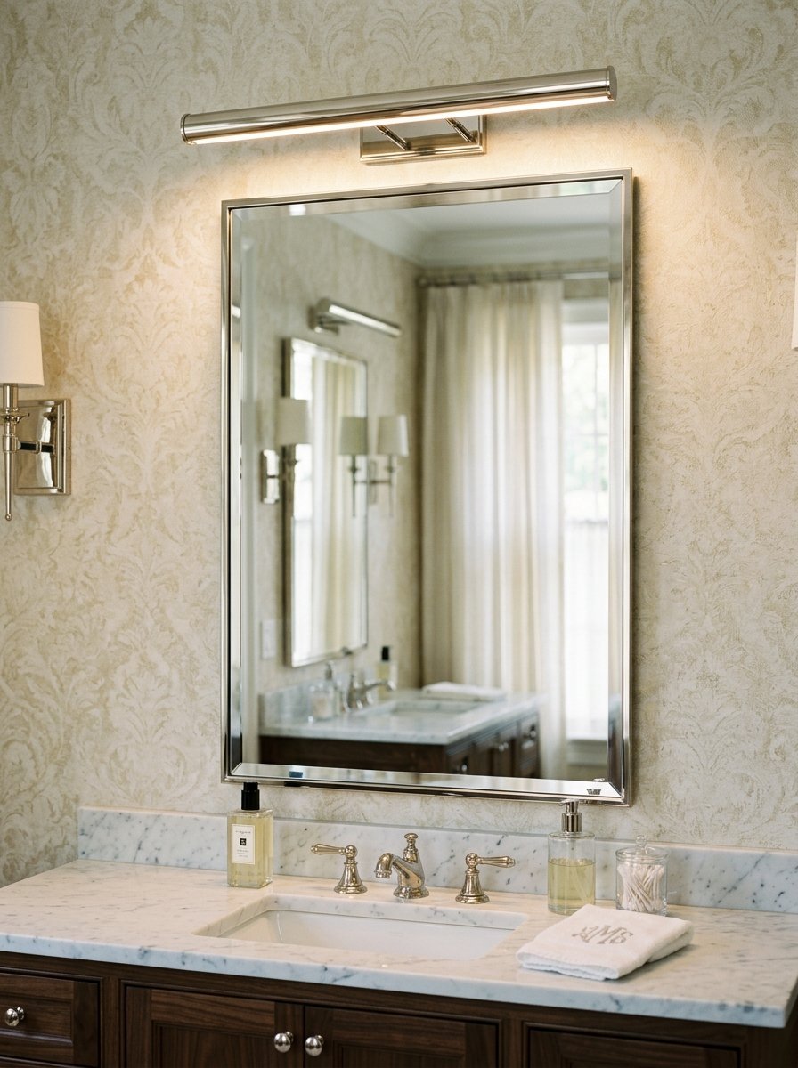 A rectangular mirror with a metal frame hanging above a marble countertop vanity in a bathroom.
