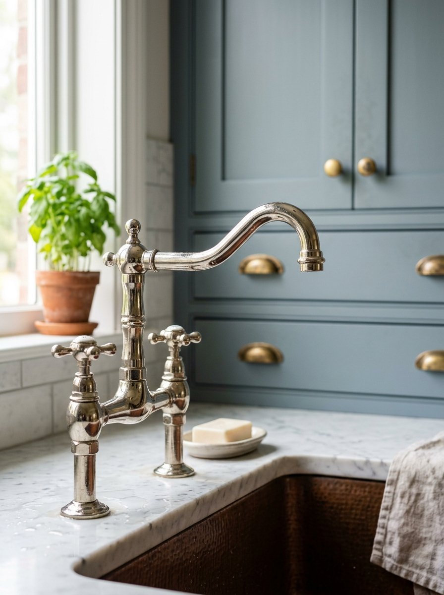 Close up of a vintage-style chrome bridge faucet over a copper sink with blue cabinets in background