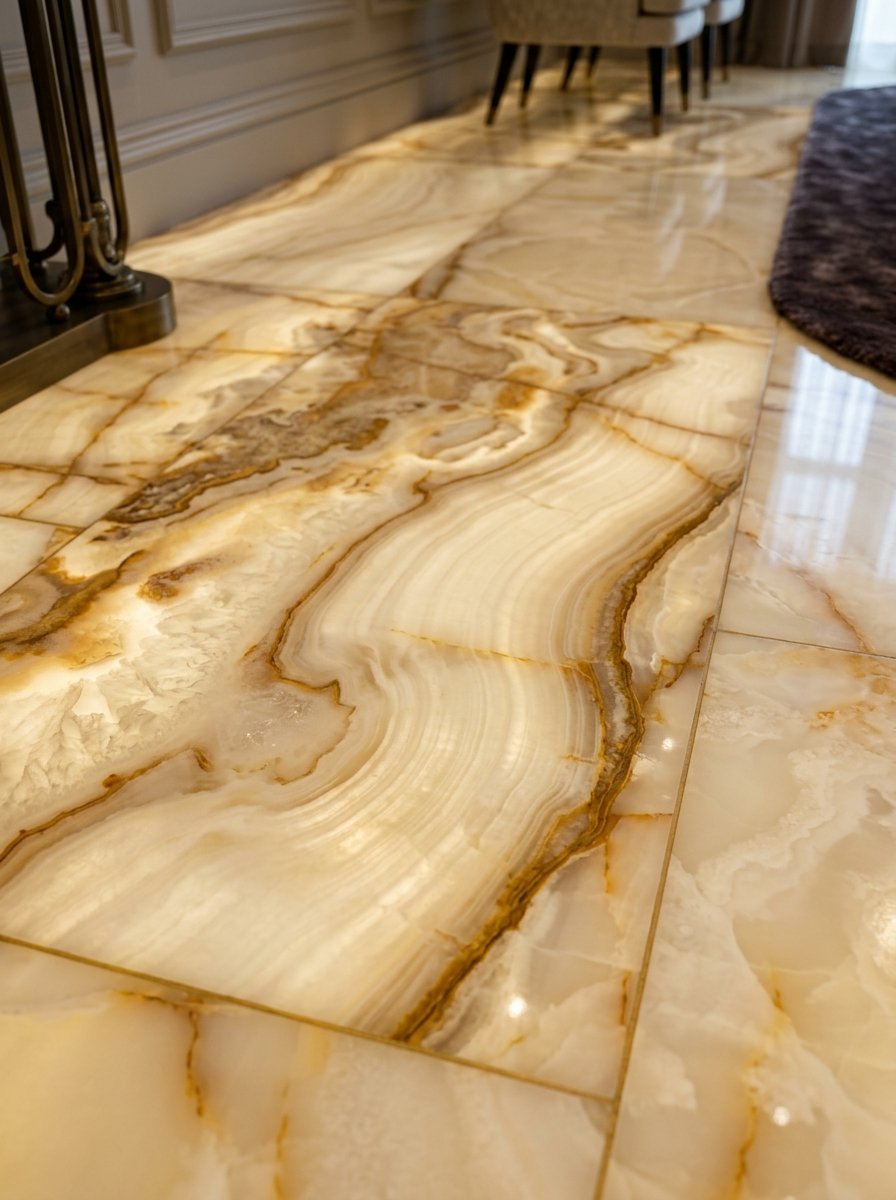 Close up of shiny, light-toned stone floor tiles featuring intricate brown marble patterns and reflective surfaces.
