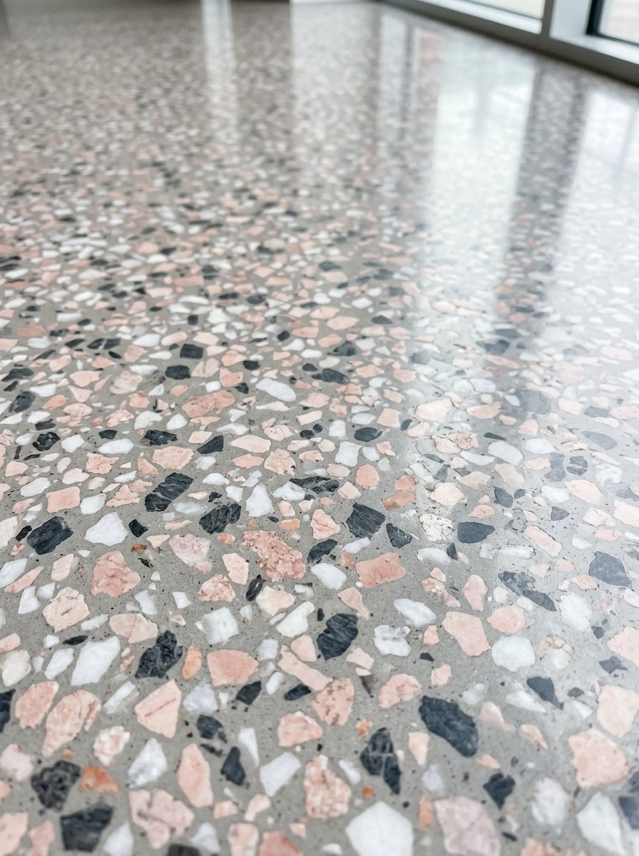 Polished grey concrete floor embedded with multi-colored marble aggregate fragments.