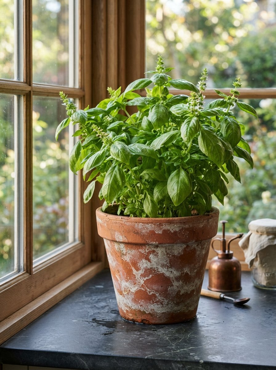 A lush basil herb plant in a weathered clay pot sitting on a kitchen windowsill.