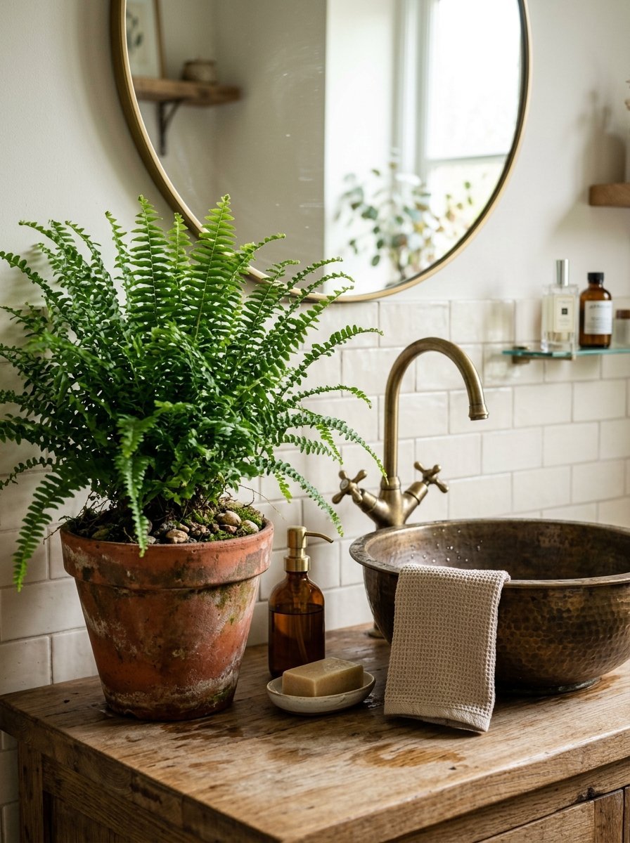 Potted green fern in a terracotta pot next to a brass sink faucet and a small bar of soap on a wooden vanity.