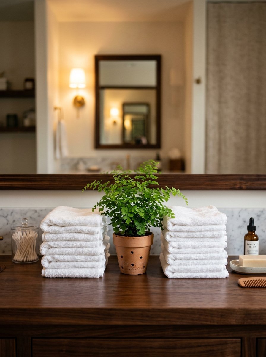 Stacks of clean white towels flanking a small potted green plant on a dark wooden bathroom counter.