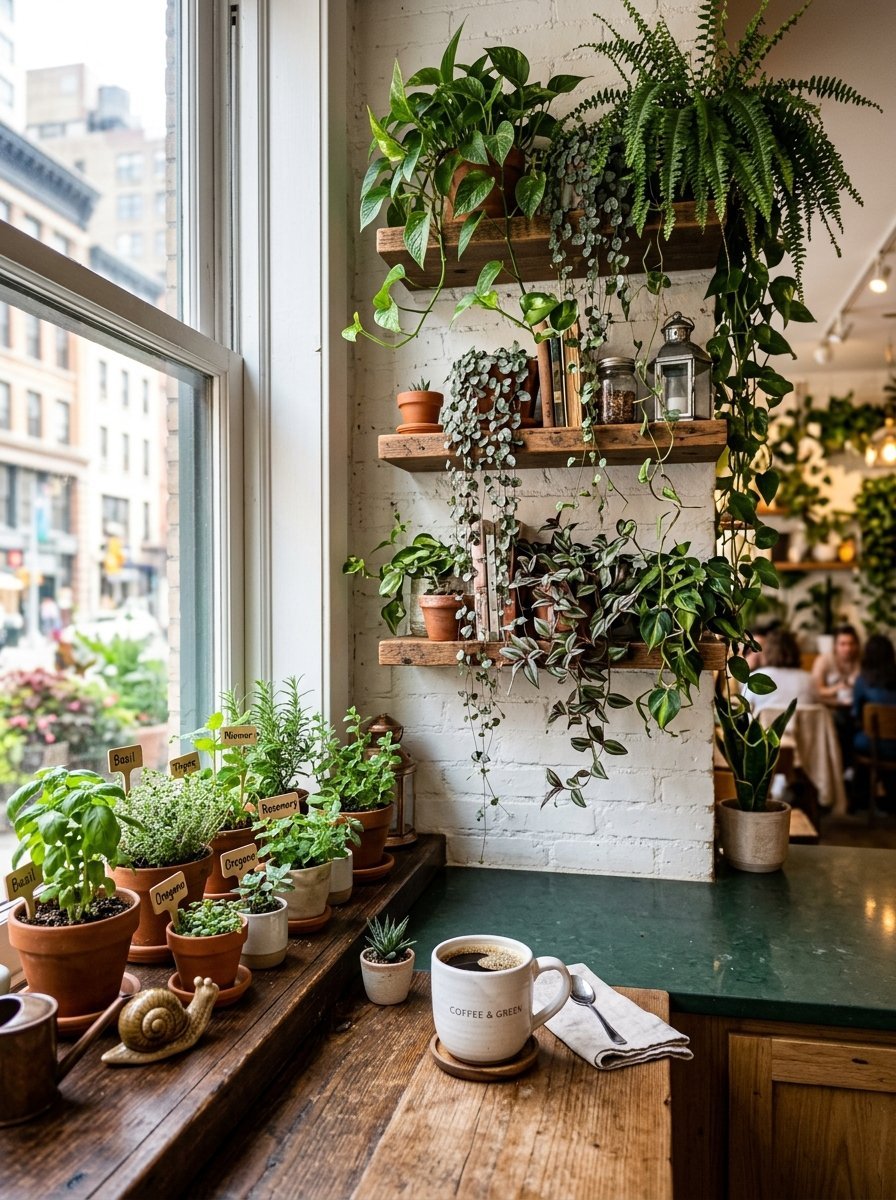 Ceramic pots with labeled herbs and a mug of coffee on a wooden windowsill beside a brick wall with hanging plants.