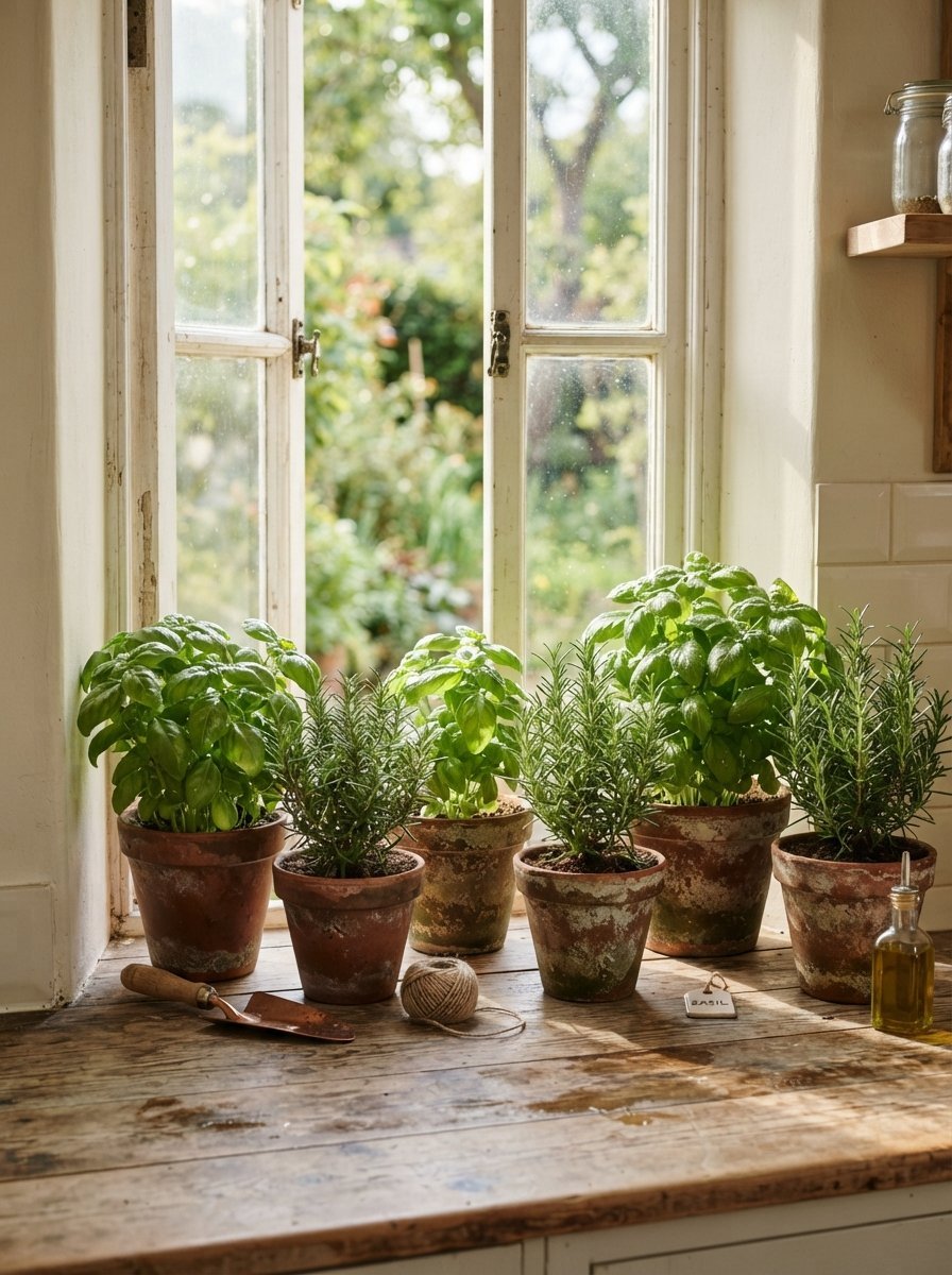 Several potted herbs on a wooden kitchen windowsill near an open window with gardening tools.