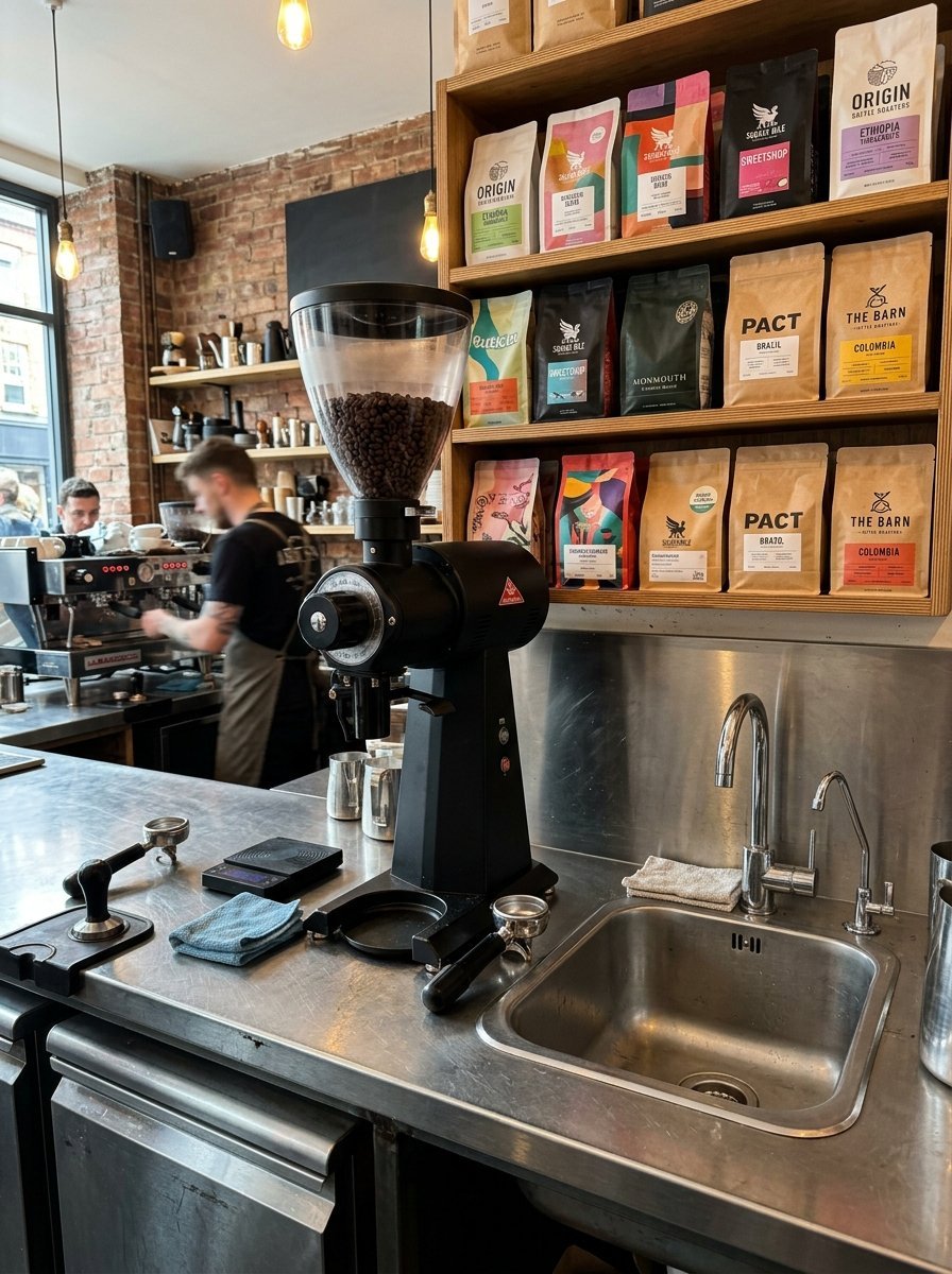 A black coffee grinder sits on a stainless steel counter with shelves of coffee bags in the background.