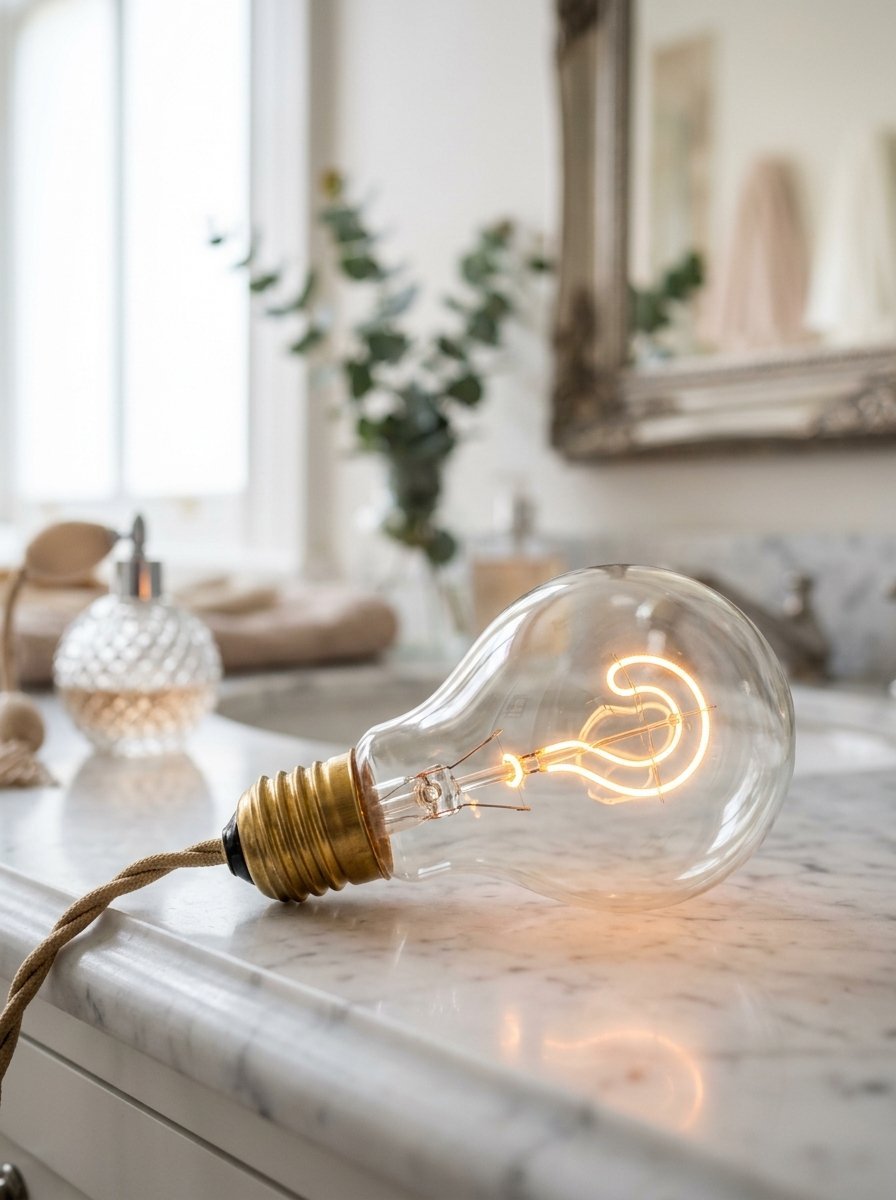 Close up of an illuminated light bulb with a filament shaped like a question mark sitting on a marble countertop.