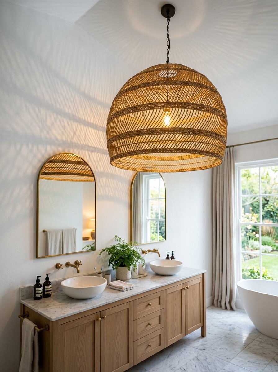 A bathroom vanity with marble top, two vessel sinks, and a large basket pendant light casting shadows on the wall.