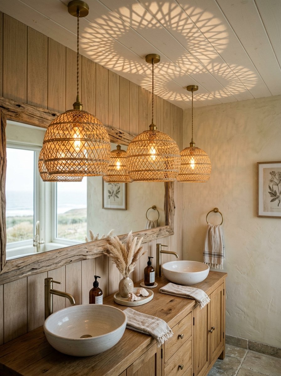 Twin vessel sinks on a wooden vanity with boho rattan light fixtures casting geometric shadows on the ceiling.