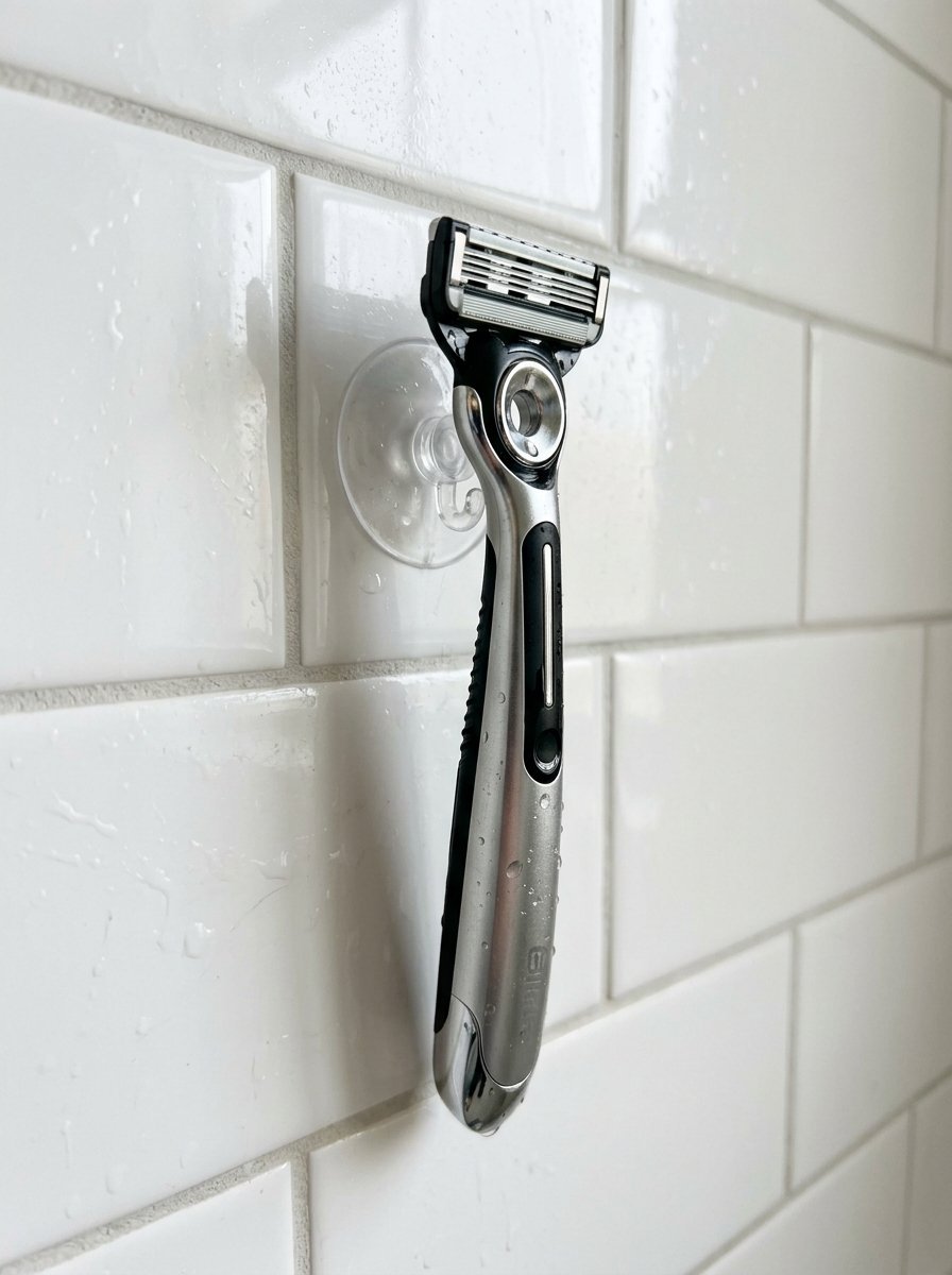 Men's metal razor suspended from a clear suction cup hook mounted on wet white subway tiles.