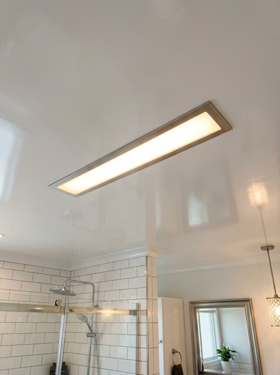Modern flush mount rectangular light panel glows on a glossy white bathroom ceiling above a tile shower.