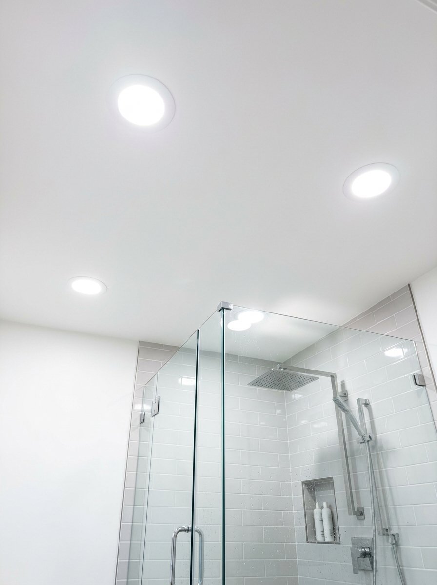 Low angle view of circular ceiling lights glowing above a contemporary walk-in shower with white subway tiles.