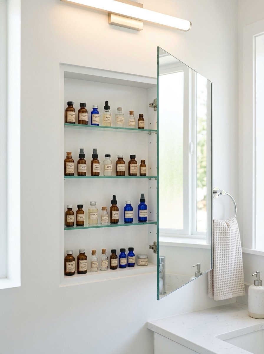 A recessed wall cabinet with rows of small amber and blue glass essential oil bottles.