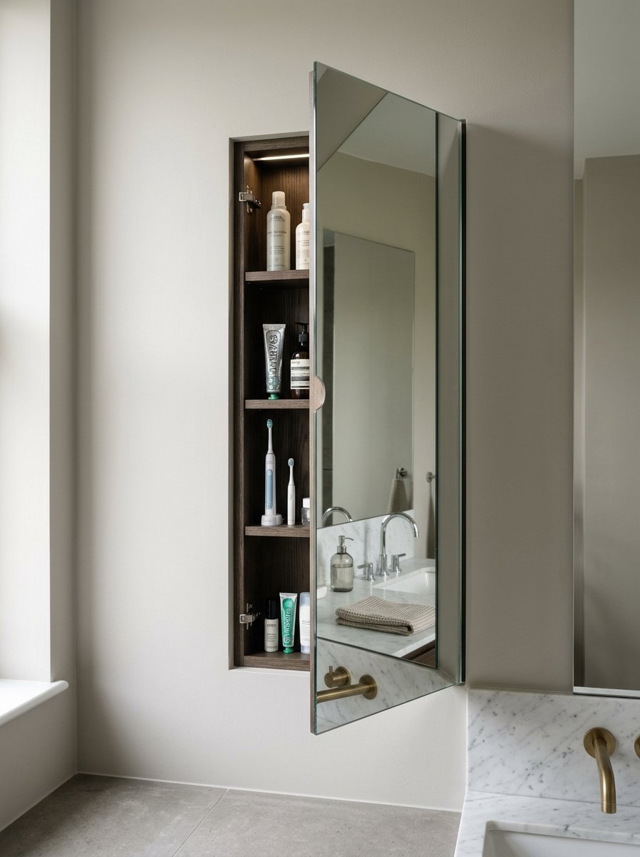 A dark wood recessed bathroom wall cabinet containing toiletries and toothbrushes with an open mirrored door.