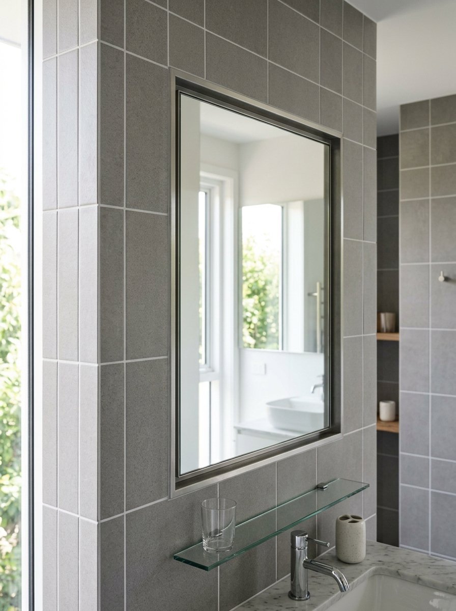 A rectangular mirror framed in grey tiled wall above a glass shelf and marble vanity in a contemporary bathroom.