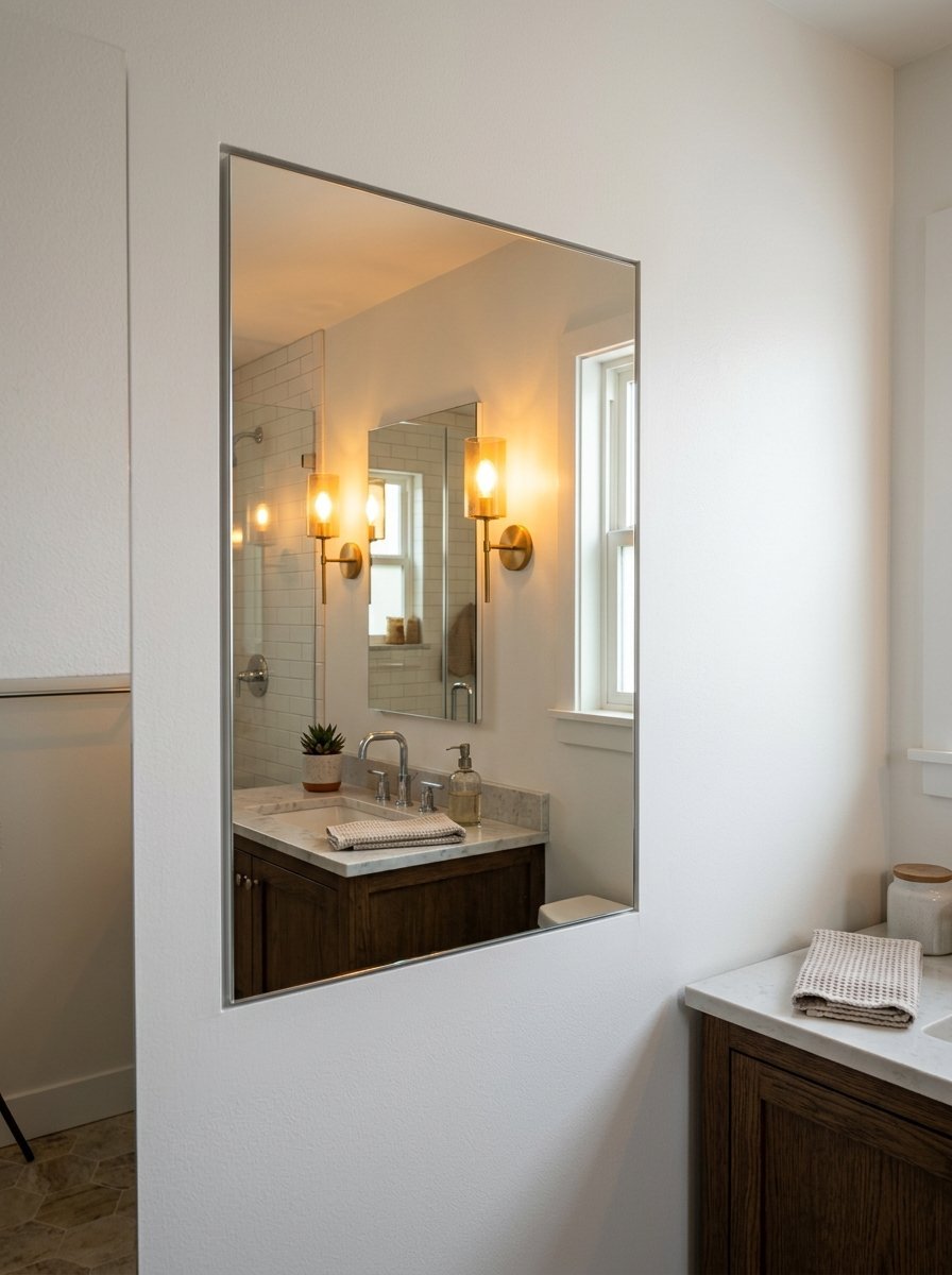 A rectangular flush-mounted mirror reflects a dark wood vanity, white subway tile shower, and brass wall sconces.