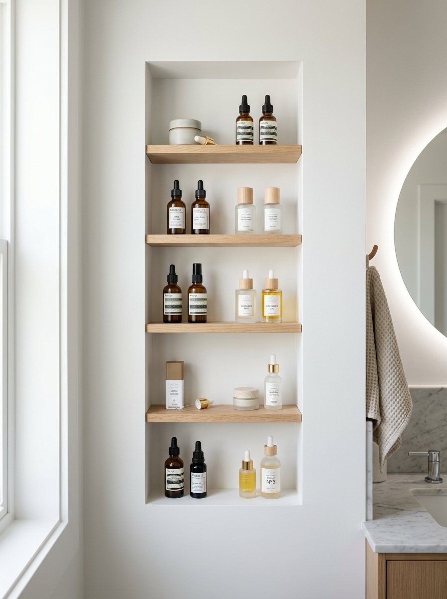 Five wooden shelves recessed into a white bathroom wall filled with various amber and glass skincare bottles.