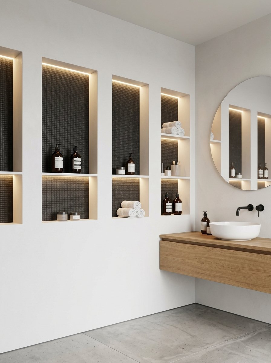Modern bathroom with built-in wall shelves, dark mosaic tiles, and a round mirror above a white basin.