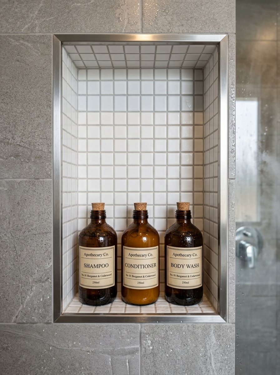 Amber glass shampoo, conditioner, and body wash bottles with cork stoppers inside a white tiled shower shelf.