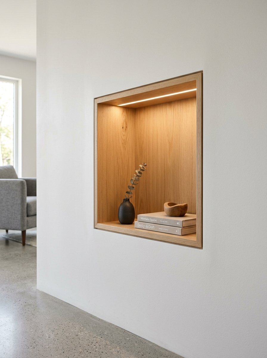 A square wooden shelf built into a white wall featuring a black vase, two stacked books, and a small bowl.