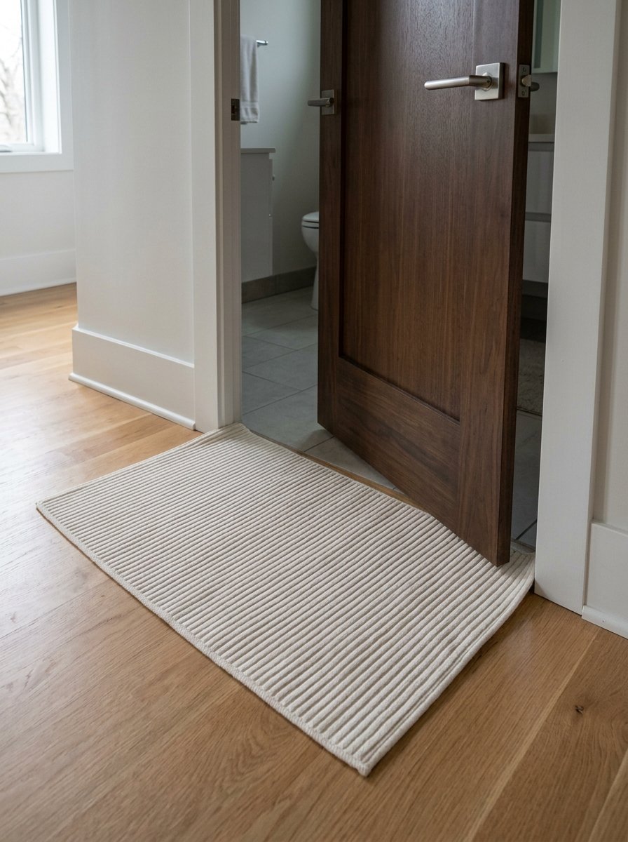 Close up of a rectangular textured rug lying on hardwood flooring in front of a partially open dark wood door.