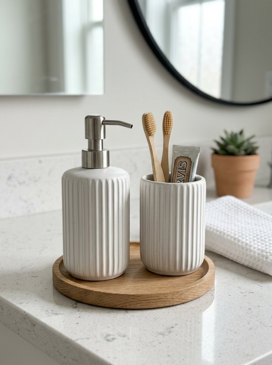 Ceramic soap dispenser and toothbrush holder with bamboo brushes on a wooden tray atop a white quartz bathroom counter.