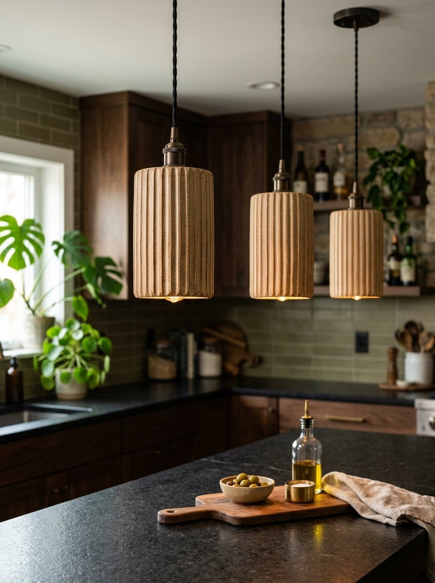 Close-up of three vertical ribbed pendant lamps glowing over a black stone kitchen countertop with olives.