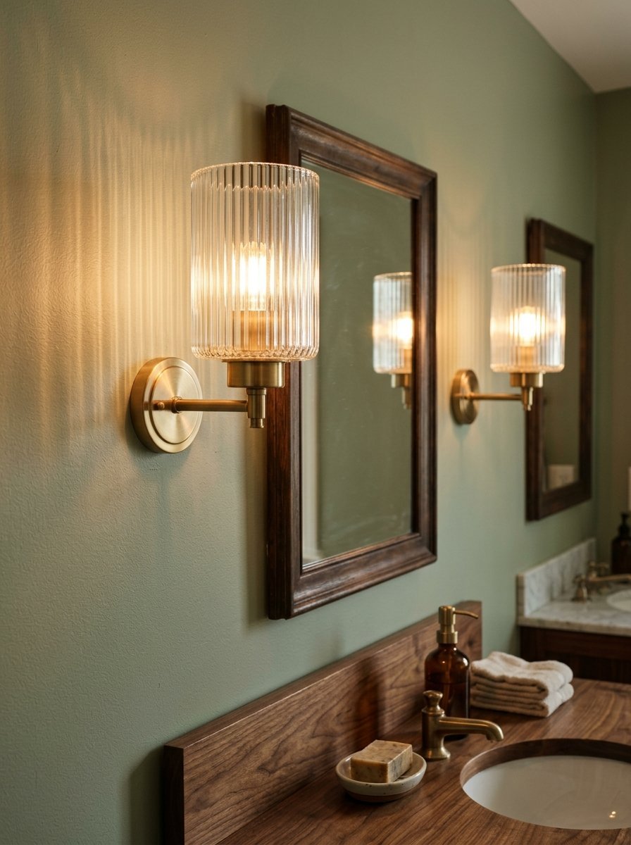 Close-up of two brass sconces with fluted glass shades mounted on a sage green wall above a wood vanity.