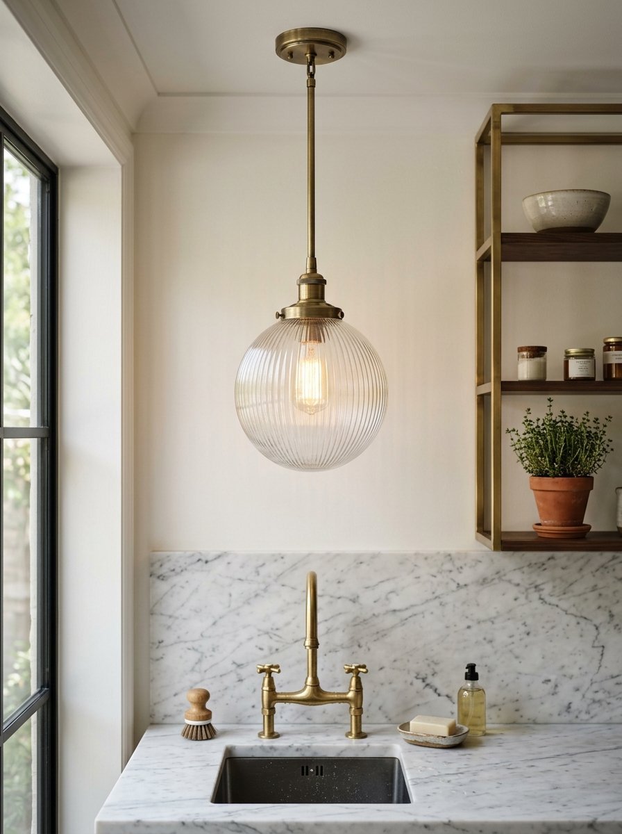 Round ribbed glass globe lamp suspended over a marble countertop with a brass bridge faucet and plant.