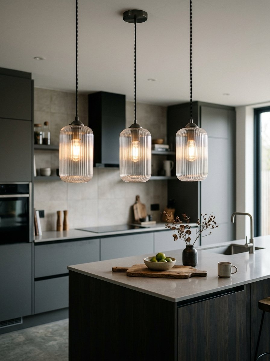 A trio of cylindrical fluted glass pendant lamps hanging over a dark kitchen island with a bowl of limes.