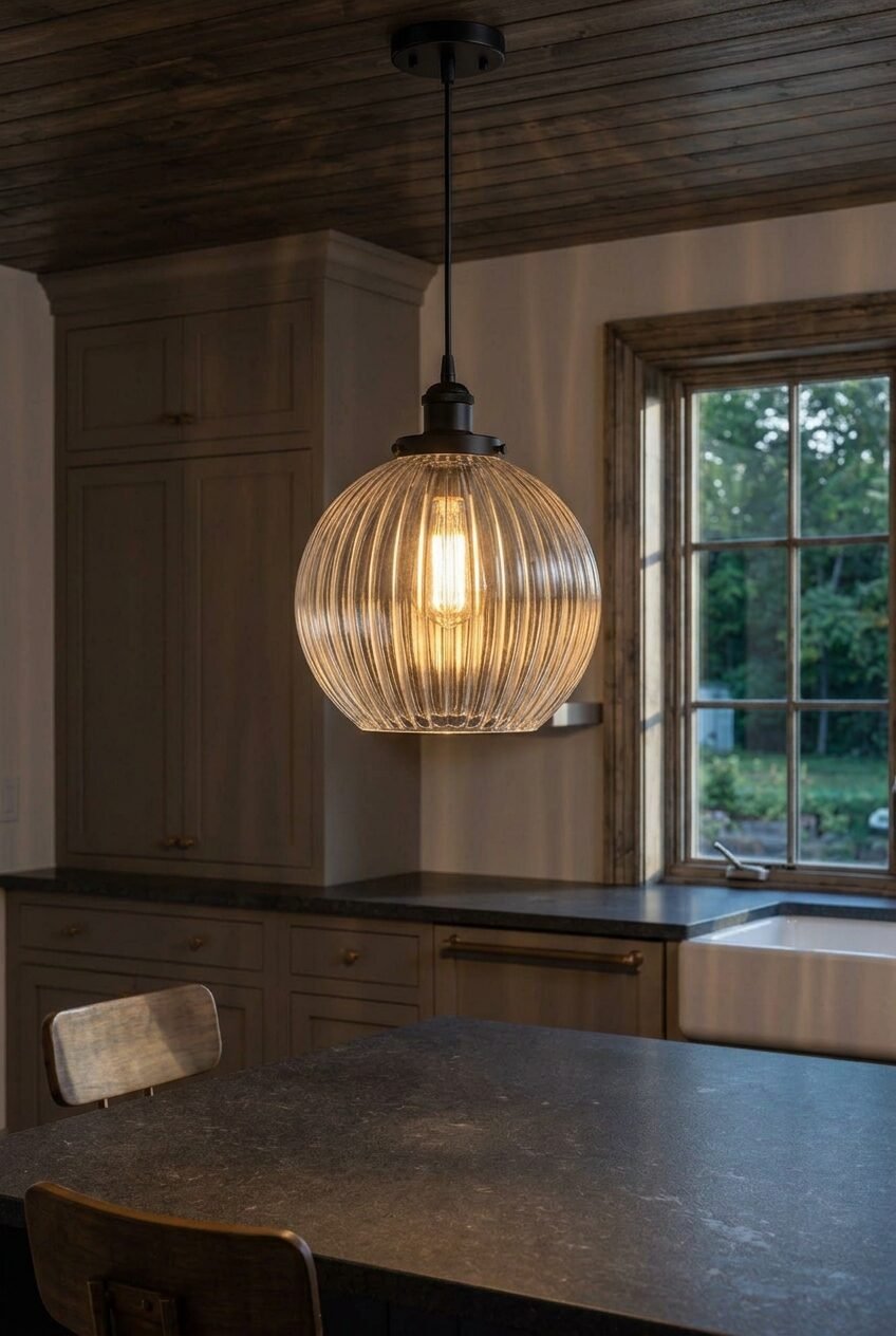 Round fluted glass pendant lamp hanging over a dark kitchen island countertop.