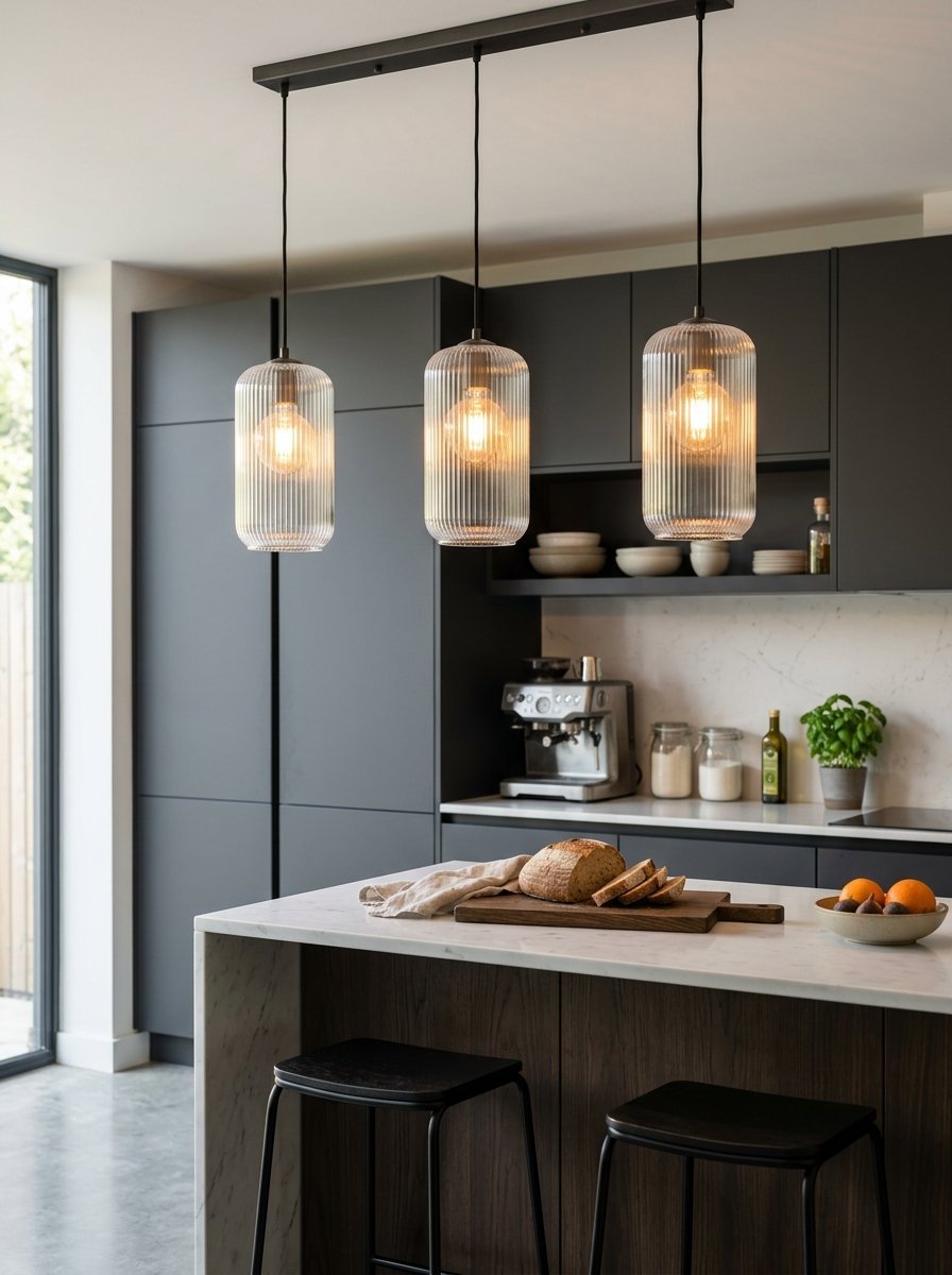 Close up of three cylindrical fluted glass pendant lights hanging above a kitchen island with black bar stools.