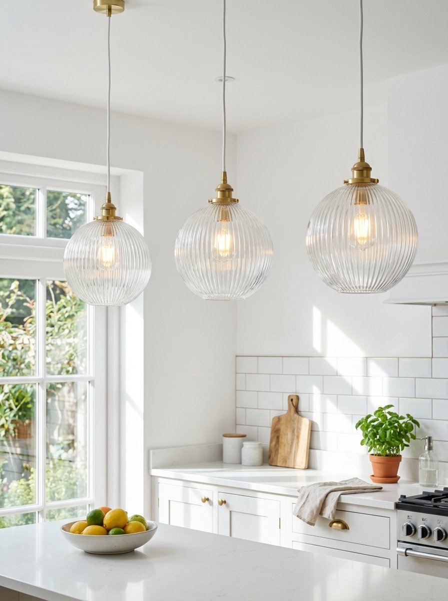A trio of round, vertical-ribbed glass pendant lamps with gold hardware hanging over a white kitchen counter.