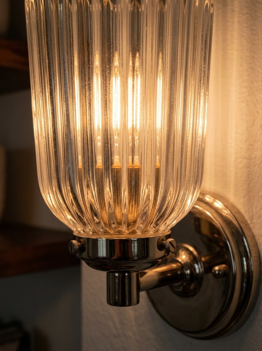A close-up of a decorative ribbed glass lampshade mounted on a metallic wall bracket.