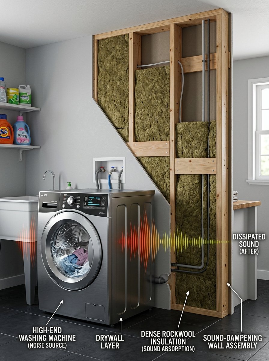 Diagram of a washing machine next to a cutaway wall showing dense rockwool insulation for noise reduction.