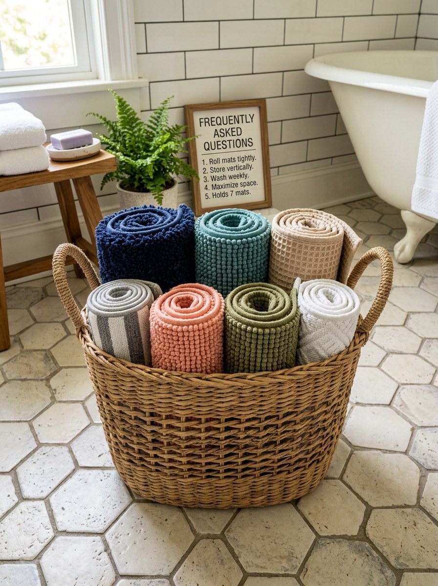 Seven rolled rugs in various textures and colors standing upright in a round woven basket on a tile floor.