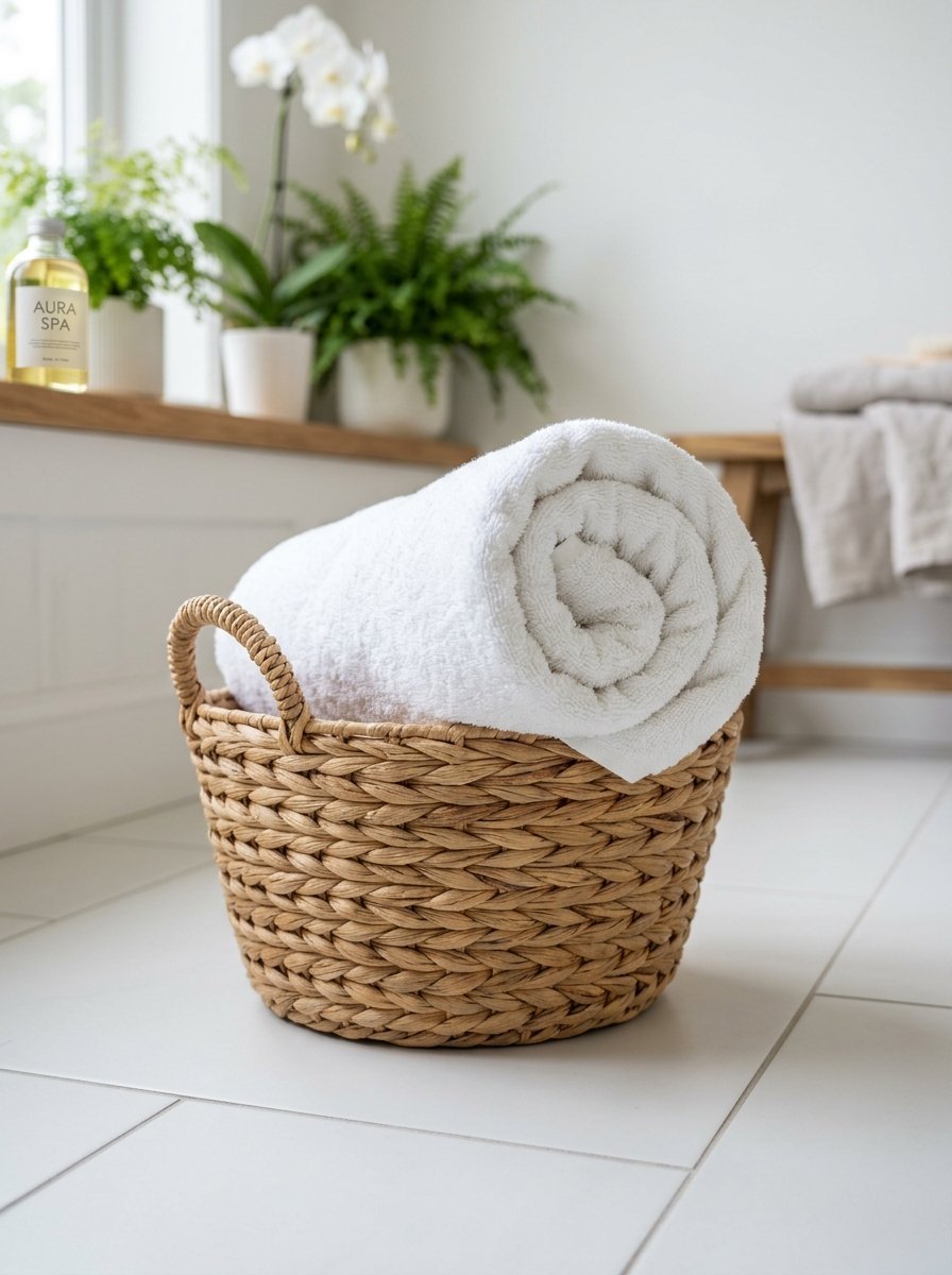 Close-up of a clean white rolled bathroom towel placed in a round woven seagrass basket on a tiled floor.